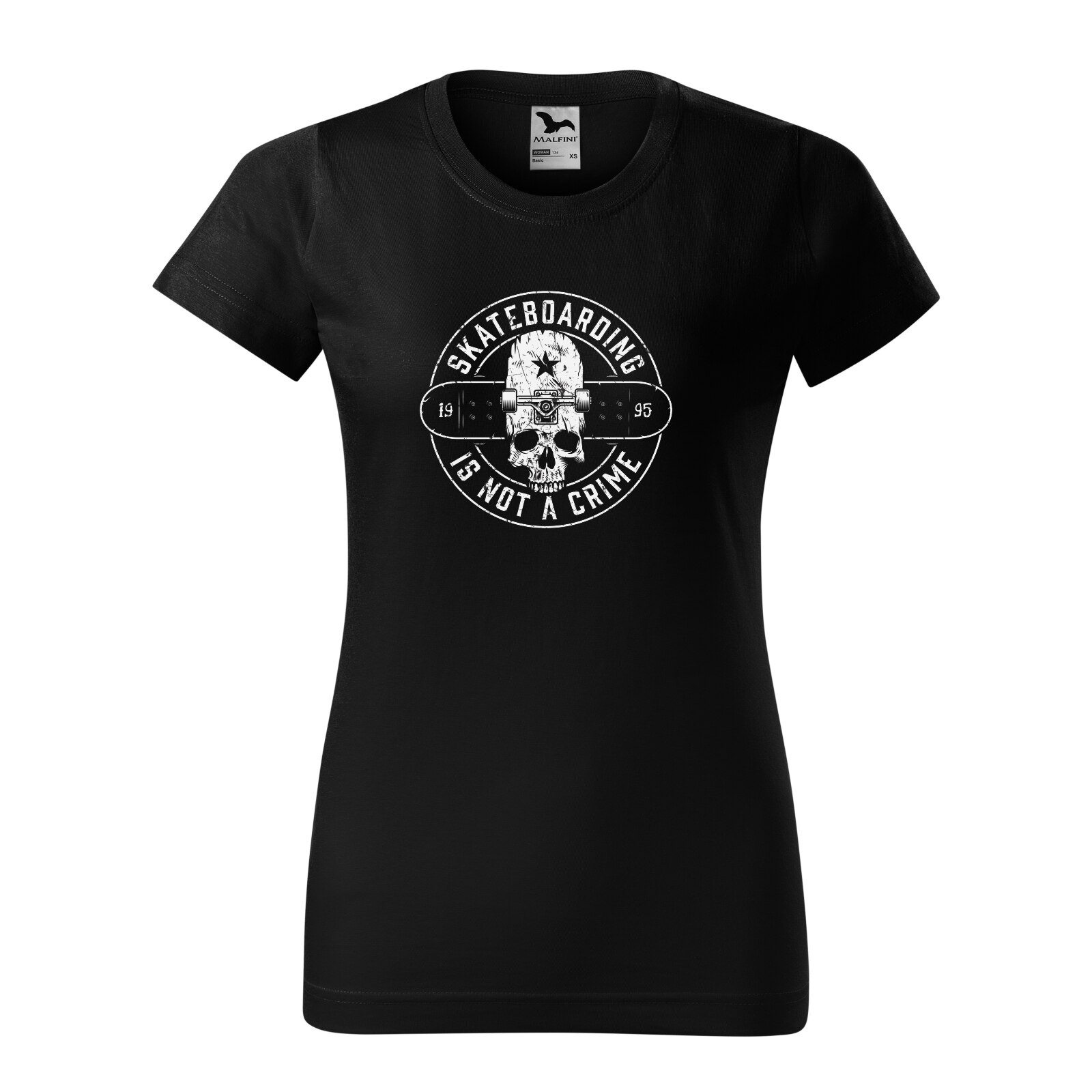 Tricou clasic, la baza gatului, negru, pentru dama, idee de cadou pentru pasionatii de skateboard, Skate is Not a Crime Star Skull, marime L