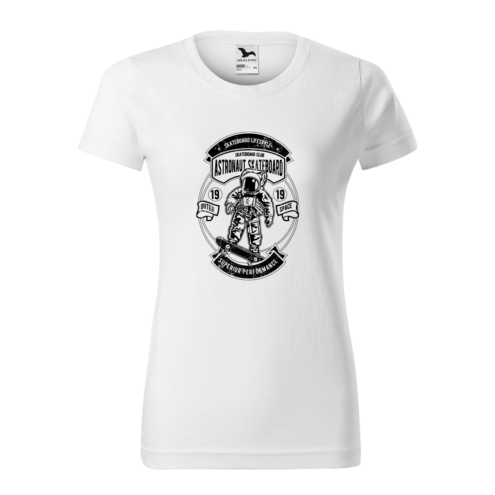 Tricou clasic, la baza gatului, alb, pentru dama, idee de cadou pentru pasionatii de skateboard, Astronaut Skateboard Outer Space, marime S