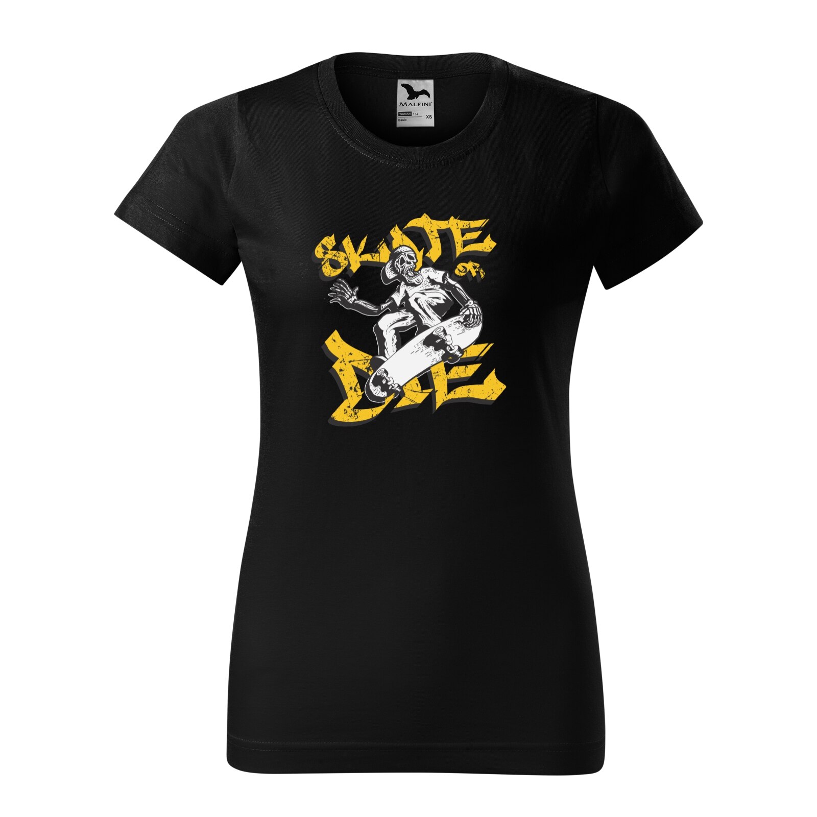 Tricou clasic, la baza gatului, negru, pentru dama, idee de cadou pentru pasionatii de skateboard, Skeleton Skate or Die, marime XS