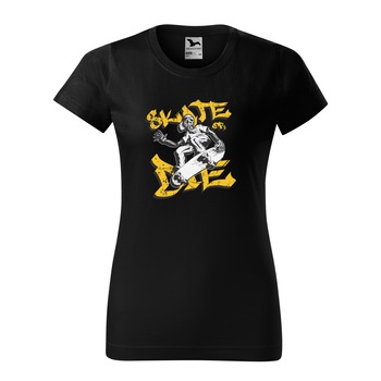 Tricou clasic, la baza gatului, negru, pentru dama, idee de cadou pentru pasionatii de skateboard, Skeleton Skate or Die, marime XS Tricou clasic, la baza gatului, negru, pentru dama, idee de cadou pentru pasionatii de skateboard, Skeleton Skate or Die, marime XS