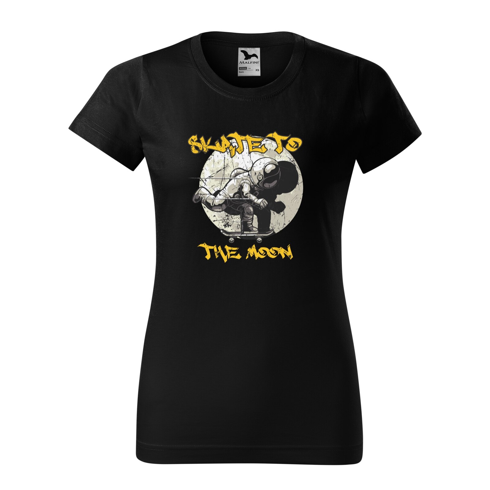 Tricou clasic, la baza gatului, negru, pentru dama, idee de cadou pentru pasionatii de skateboard, Skate to the Moon, marime XL