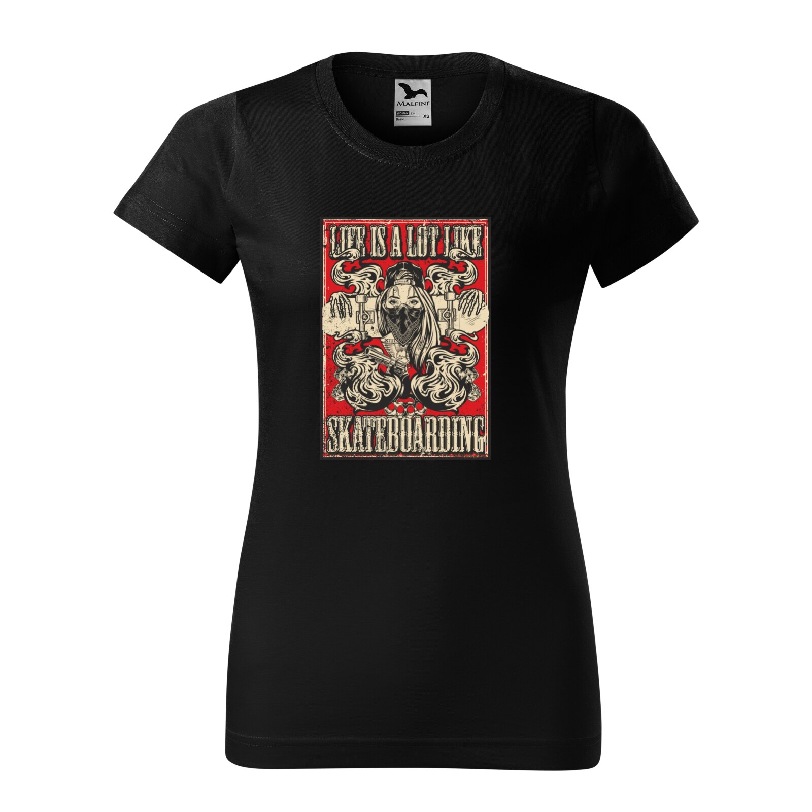 Tricou clasic, la baza gatului, negru, pentru dama, idee de cadou pentru pasionatii de skateboard, Life is a Lot Like Skateboarding, marime M