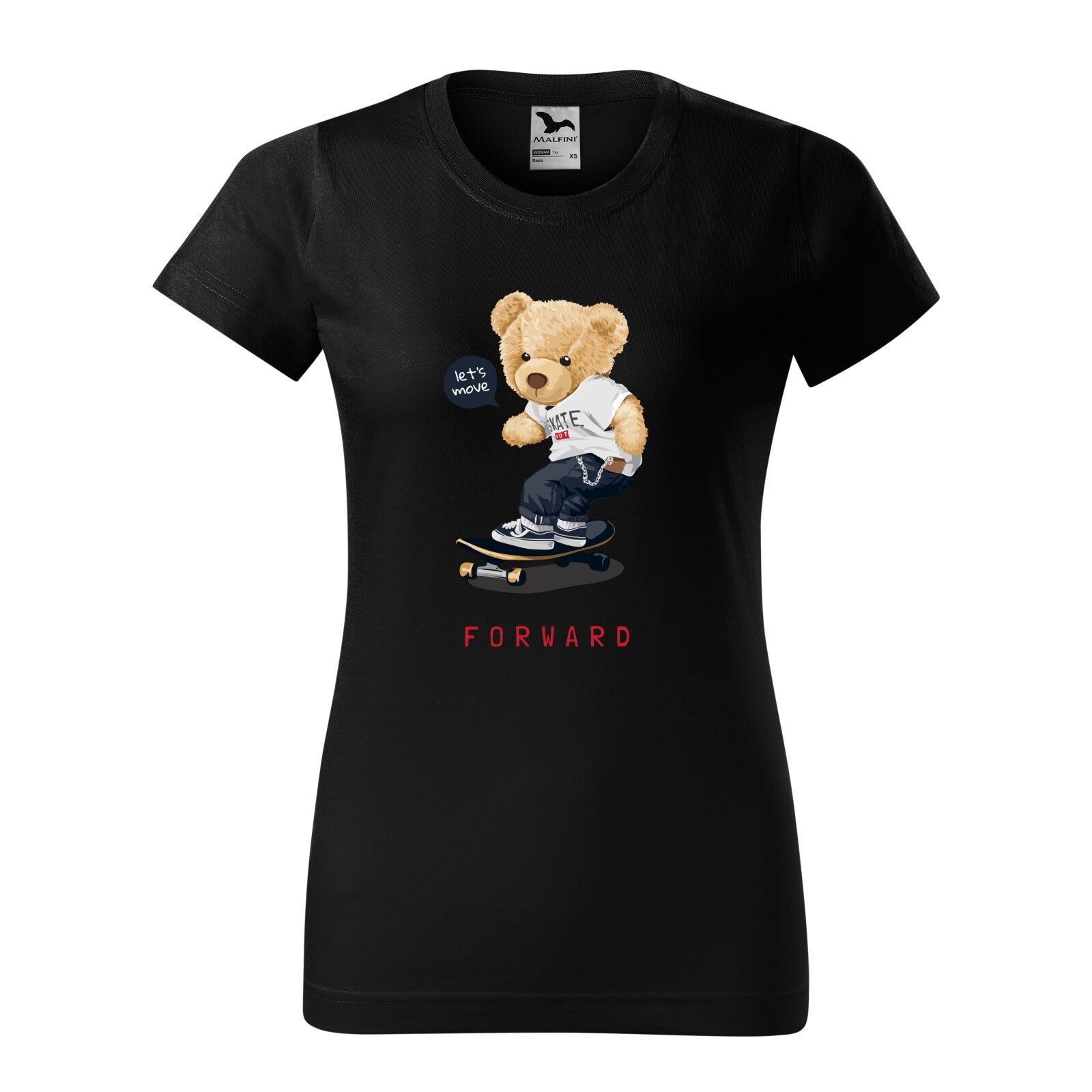 Tricou clasic, la baza gatului, negru, pentru dama, idee de cadou pentru pasionatii de skateboard, Lets Move Forward, marime M