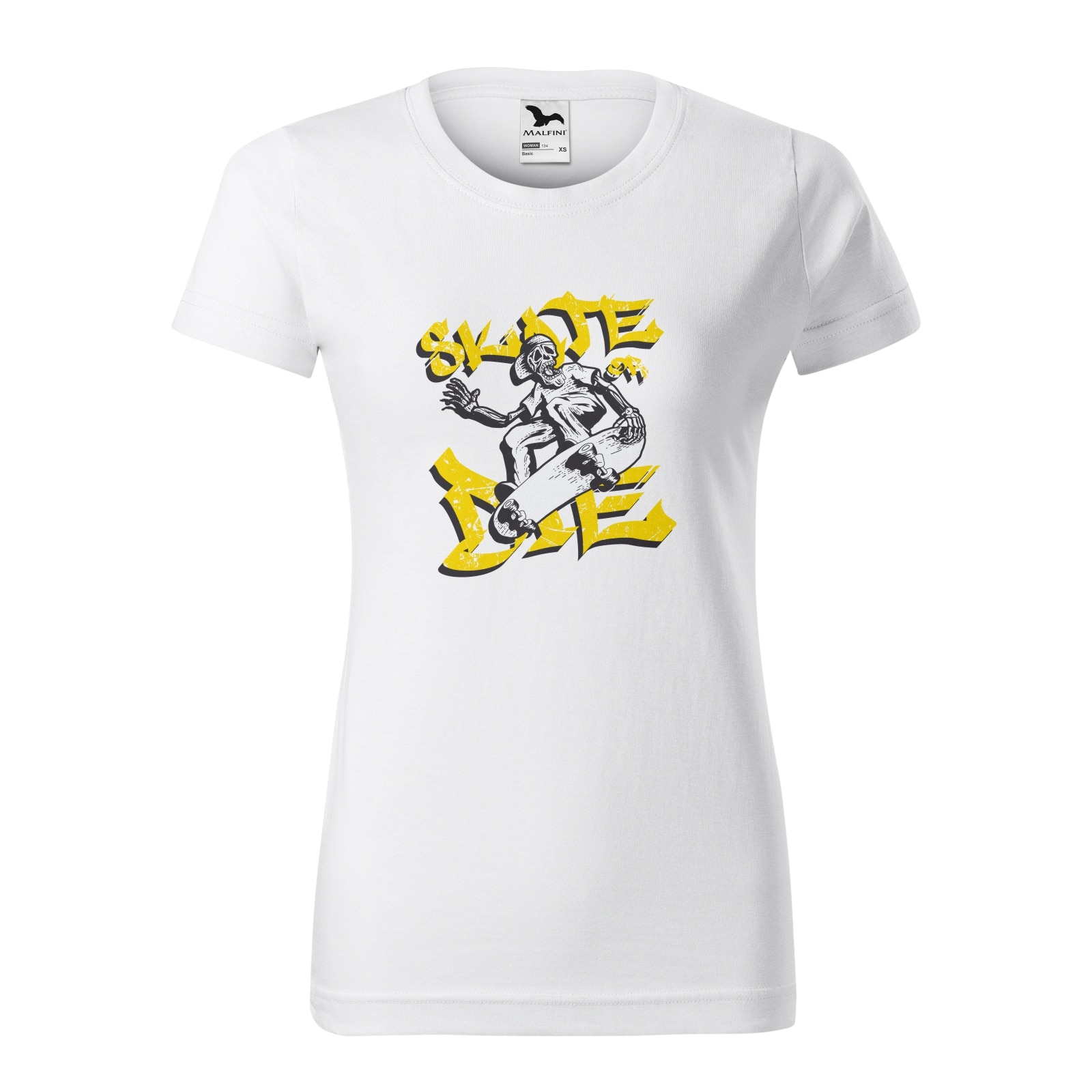 Tricou clasic, la baza gatului, alb, pentru dama, idee de cadou pentru pasionatii de skateboard, Skeleton Skate or Die, marime L