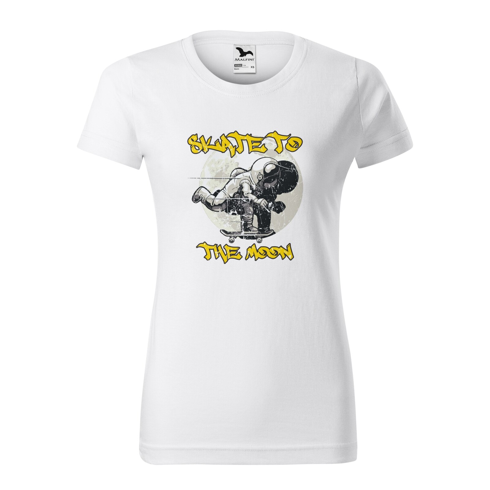 Tricou clasic, la baza gatului, alb, pentru dama, idee de cadou pentru pasionatii de skateboard, Skate to the Moon, marime XS