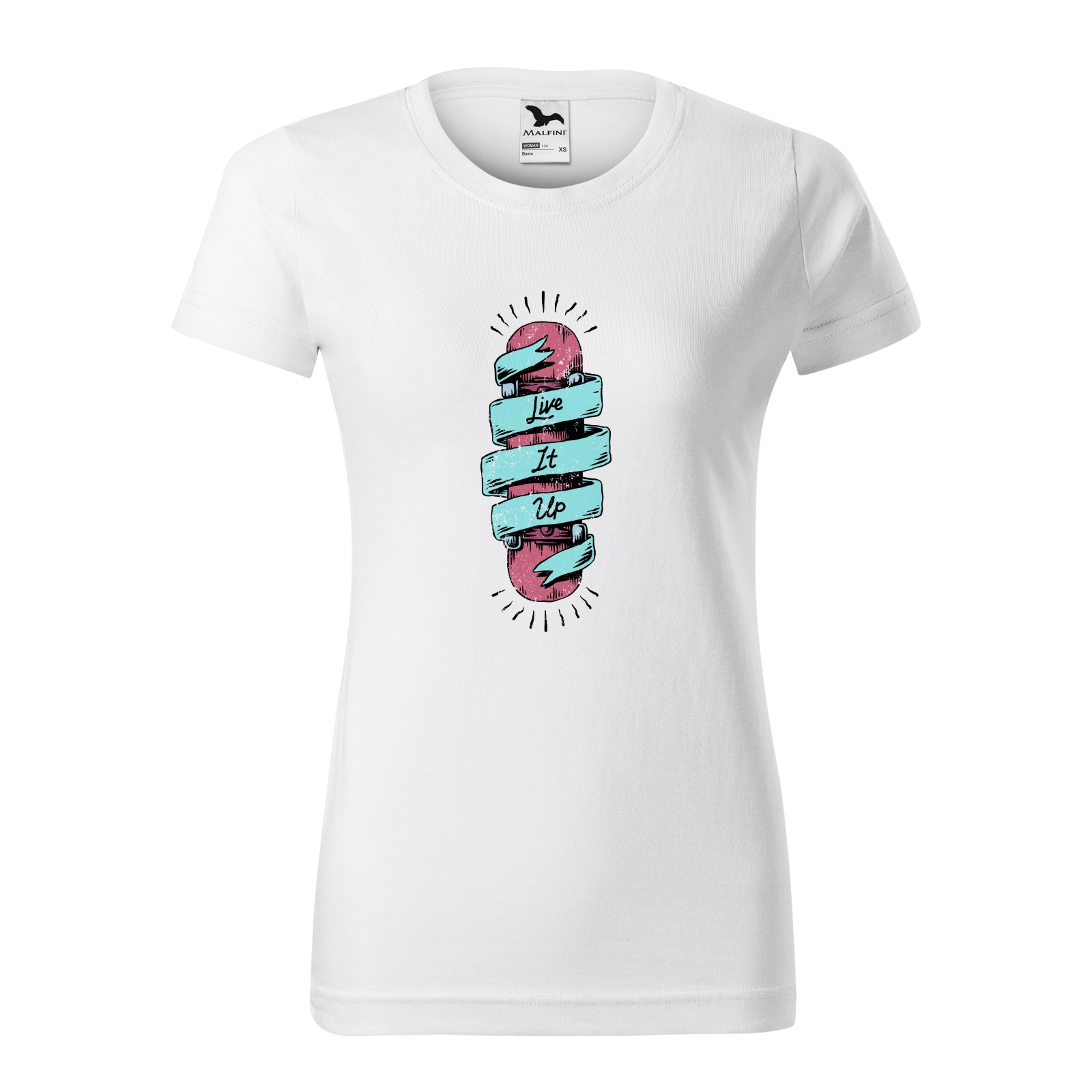 Tricou clasic, la baza gatului, alb, pentru dama, idee de cadou pentru pasionatii de skateboard, Live it Up Skateboard, marime XS