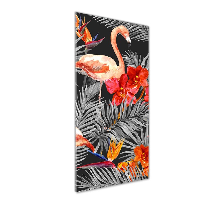 Tablou pe sticla acrilica, Tulup, Imagine imprimata pe sticla acrilica, Decorarea peretilor, Flamingos si flori, 50x125 cm