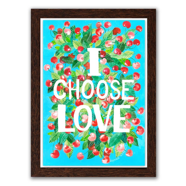 Tablou cu mesaj frumos si cirese, 18X23 cm, rama maro