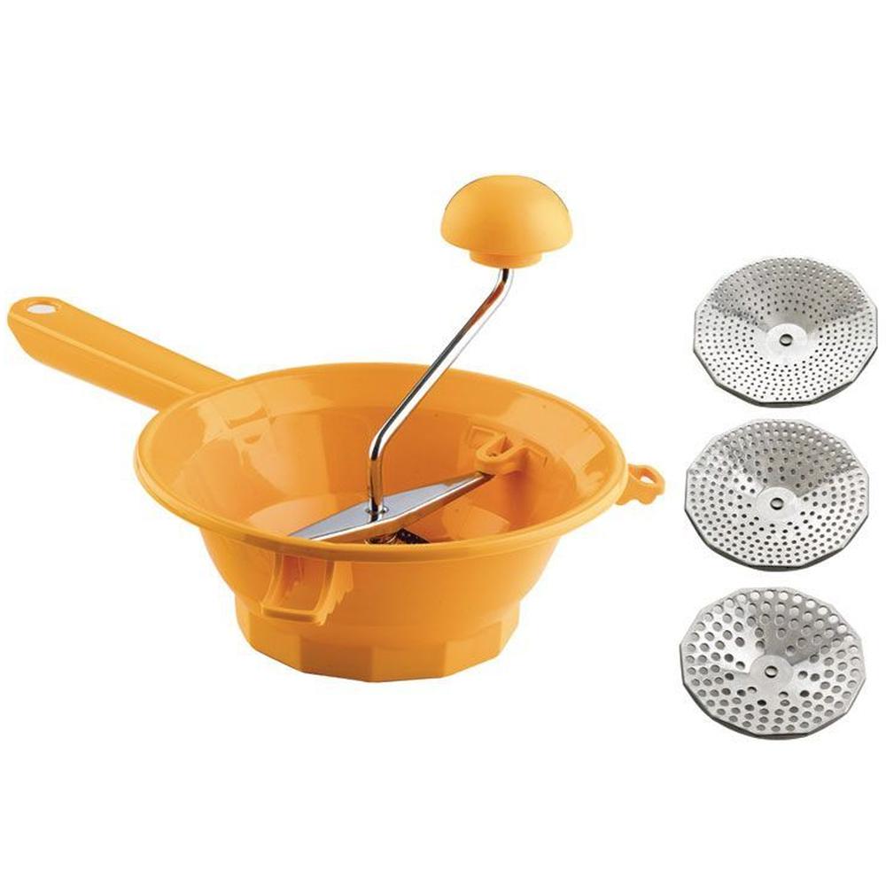 Masina de Pasat Rosii si Legume OMAC 24cm cu 3 Site, Material Plastic si Inox pentru Macinat si Stors Suc de Rosii si Bulion