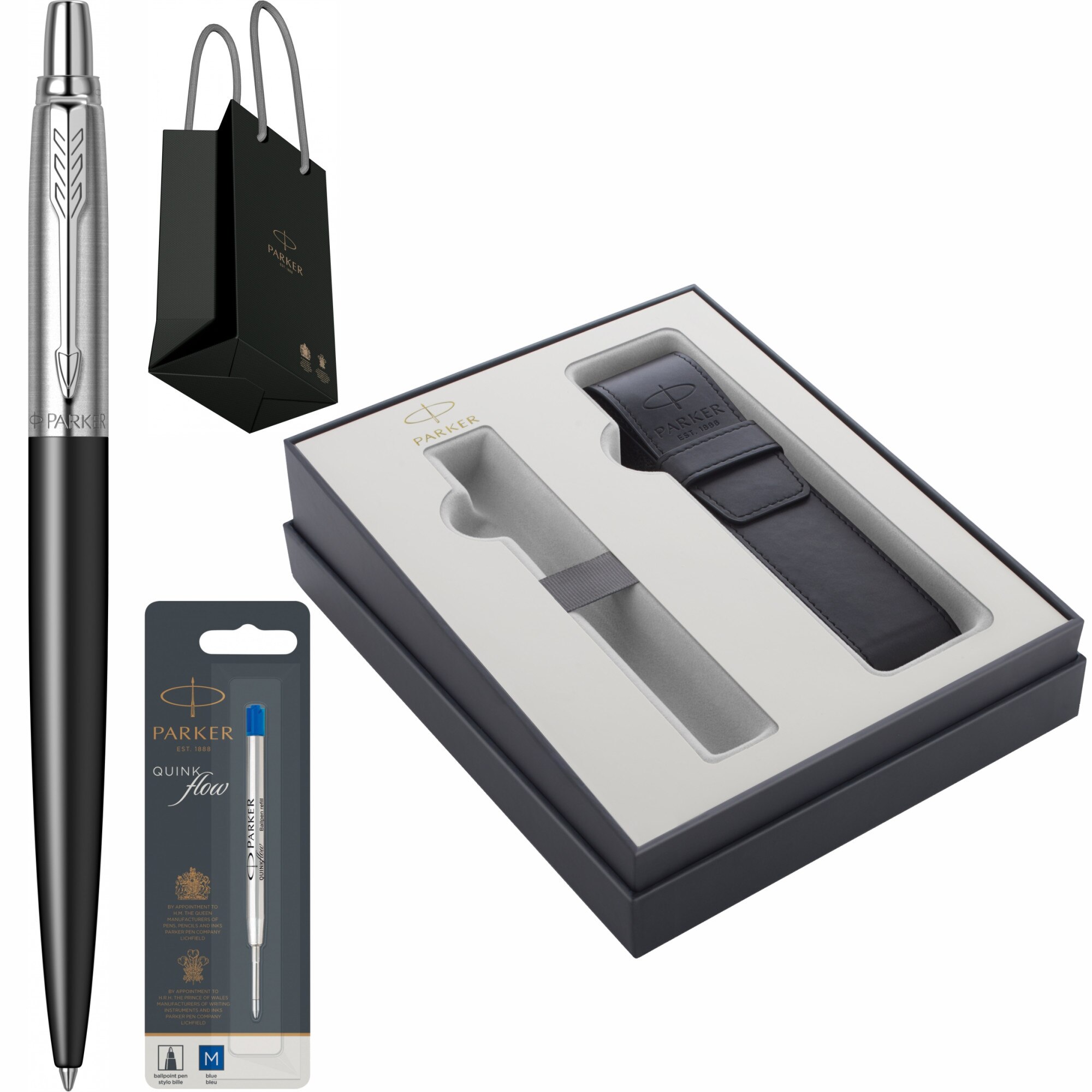 Set Parker Pix Jotter Royal Bond Street Black CT personalizat prin Gravura Laser cu rezerva mina pix Quink Flow Albastru M/ F in cutie cu etui piele Focus Collection si punga