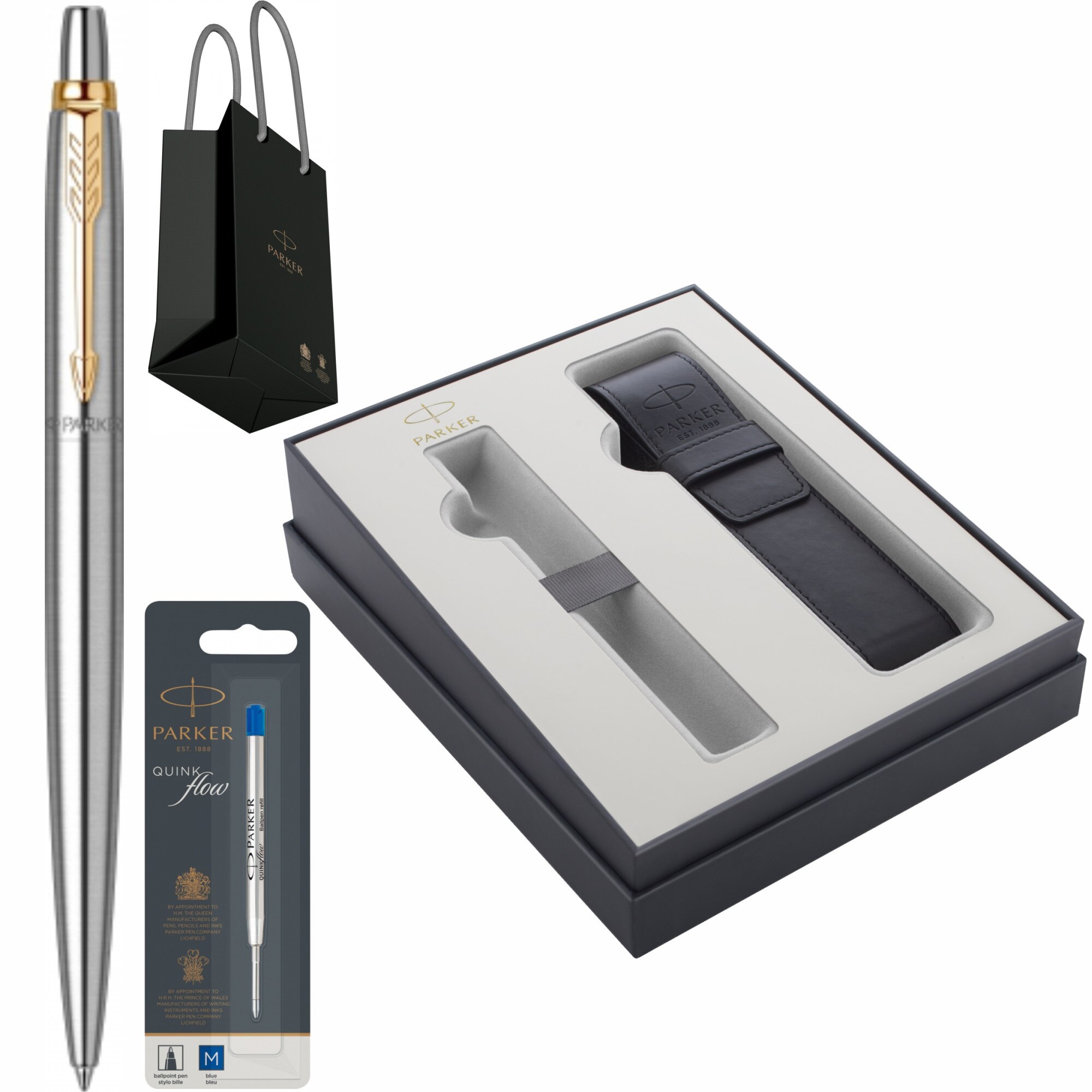 Set Parker Pix Jotter Royal Stainless Steel GT personalizat prin Gravura Laser cu rezerva mina pix Quink Flow Albastru M/ F in cutie cu etui piele Focus Collection si punga