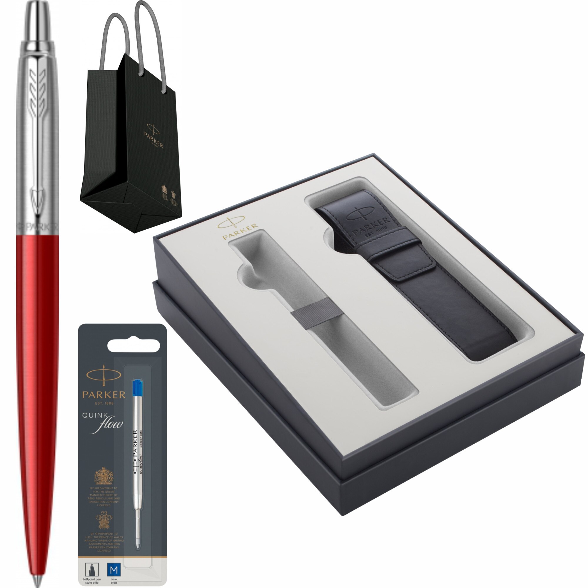 Set Parker Pix Jotter Royal Kensington Red CT personalizat prin Gravura Laser cu rezerva mina pix Quink Flow Albastru M/ F in cutie cu etui piele Focus Collection si punga
