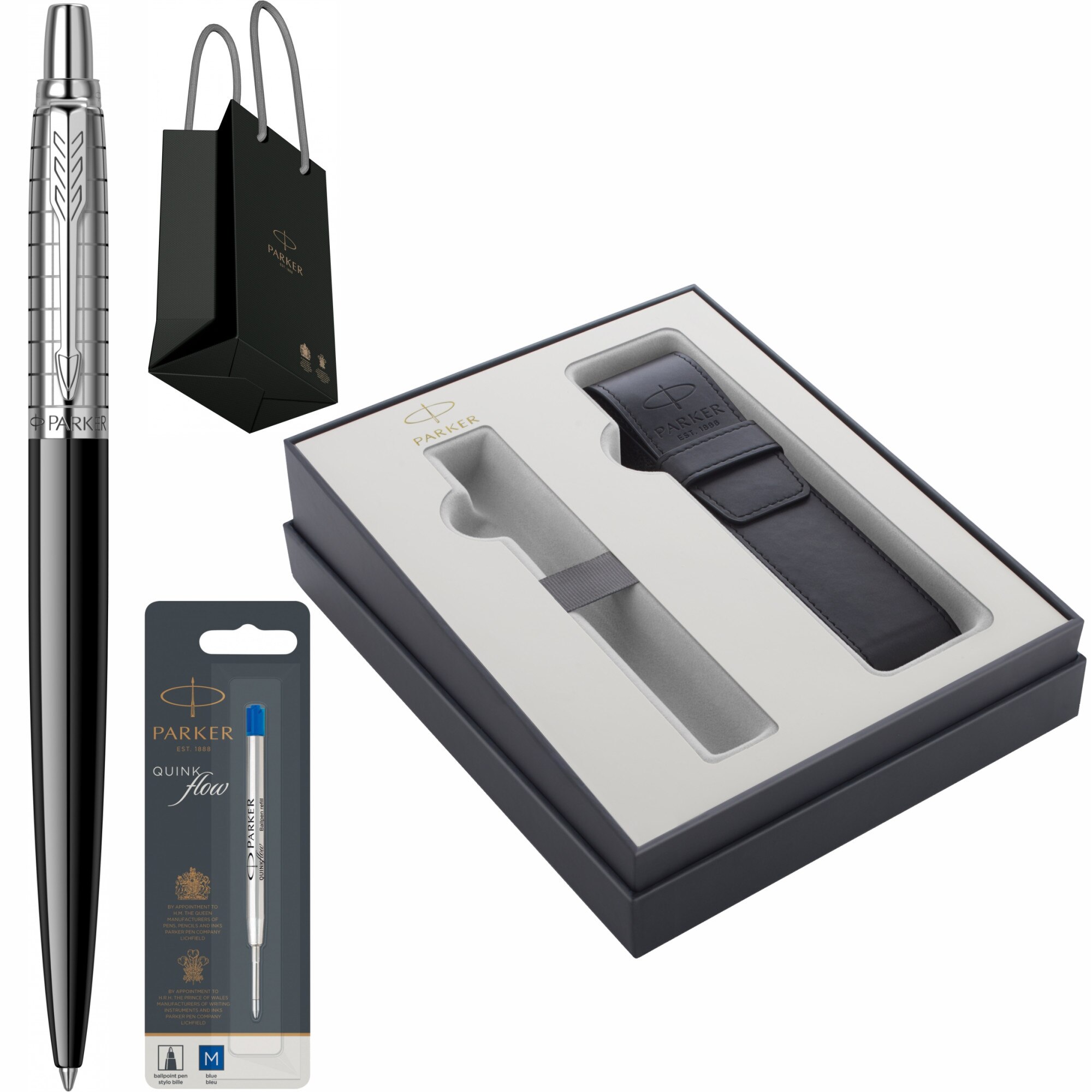 Set Parker Pix Jotter Royal Premium Bond Street Black Grid CT personalizat prin Gravura Laser cu rezerva mina pix Quink Flow Albastru M/ F in cutie cu etui piele Focus Collection si punga