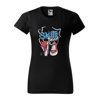 Tricou clasic, la baza gatului, negru, pentru dama, idee de cadou pentru pasionatii de skateboard, Skateboard and Sneakers, marime 2XL Tricou clasic, la baza gatului, negru, pentru dama, idee de cadou pentru pasionatii de skateboard, Skateboard and Sneakers, marime 2XL