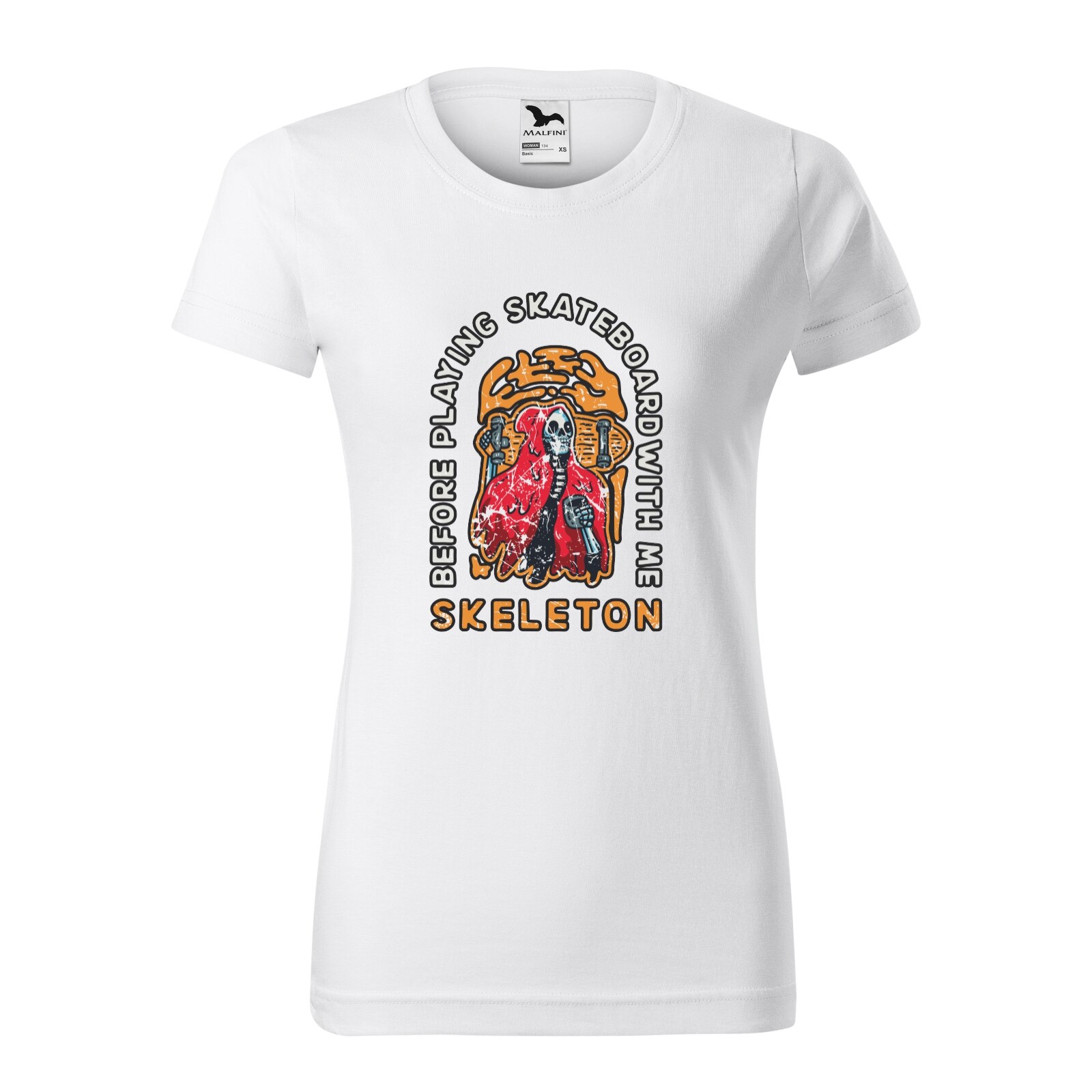 Tricou clasic, la baza gatului, alb, pentru dama, idee de cadou pentru pasionatii de skateboard, Ask Skeleton to Play, marime S