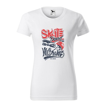 Tricou clasic, la baza gatului, alb, pentru dama, idee de cadou pentru pasionatii de skateboard, Skateboard no Brakes, marime XL Tricou clasic, la baza gatului, alb, pentru dama, idee de cadou pentru pasionatii de skateboard, Skateboard no Brakes, marime XL
