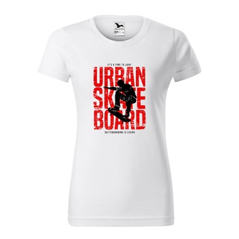 Tricou clasic, la baza gatului, alb, pentru dama, idee de cadou pentru pasionatii de skateboard, Its Time to Jump Urban Skateboard, marime M