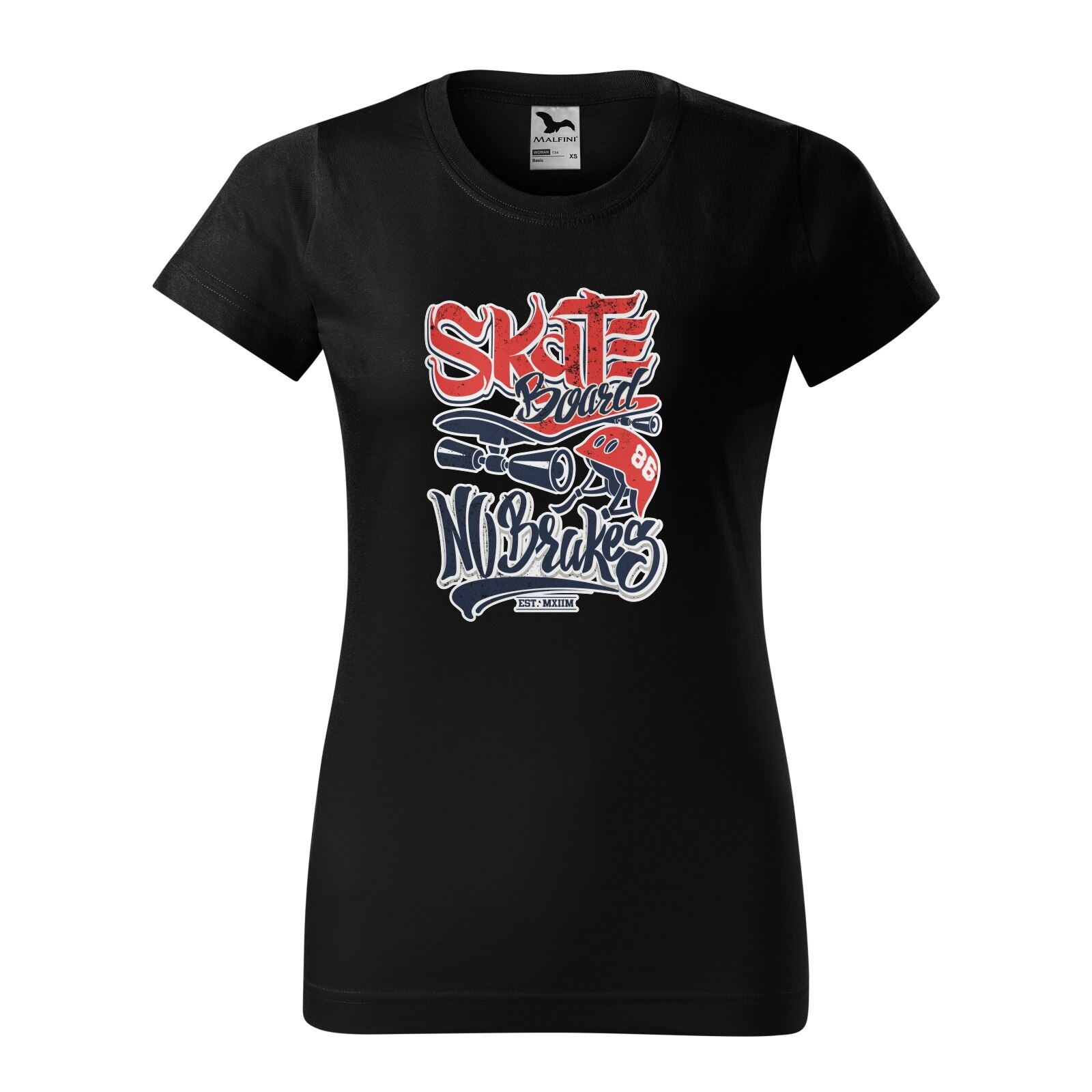 Tricou clasic, la baza gatului, negru, pentru dama, idee de cadou pentru pasionatii de skateboard, Skateboard no Brakes, marime XL