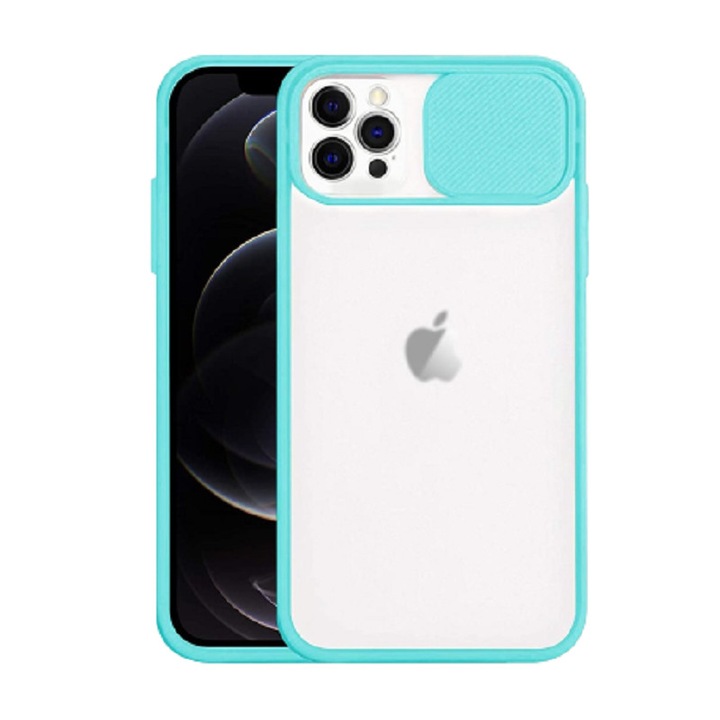 Husa cu protectie camera slide compatibila cu Iphone 12 Pro Max, Turcoaz