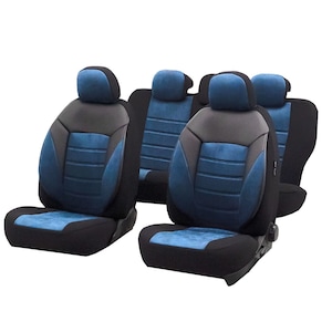 Huse scaune auto SMARTIC®, Diamond, 11 piese, compatibile cu airbag, rabatabile, 3 straturi de material, negru/albastru