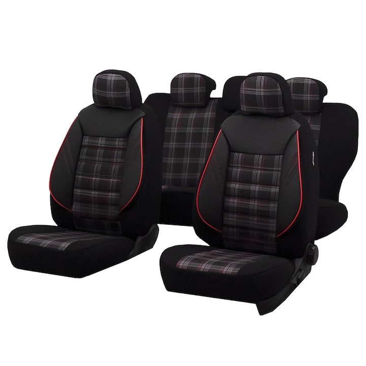 Huse scaune auto SMARTIC®, Sport, 11 piese, compatibile cu airbag, rabatabile, 3 straturi de material, negru/rosu