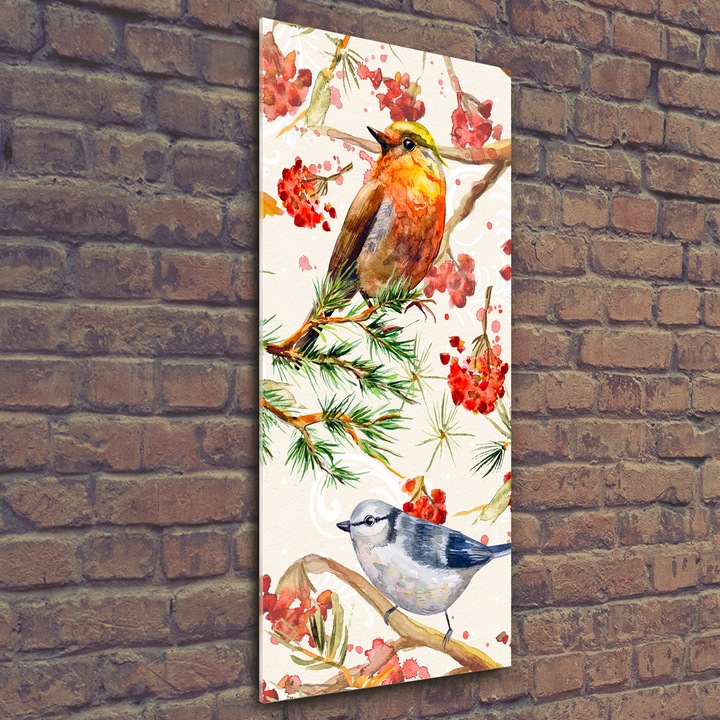 Tablou pe sticla acrilica, Tulup, Imagine imprimata pe sticla acrilica, Decorarea peretilor, Pasari si flori, 50x125 cm