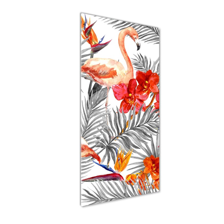 Tablou pe sticla acrilica, Tulup, Imagine imprimata pe sticla acrilica, Decorarea peretilor, Flamingos si flori, 50 cm x 125 cm