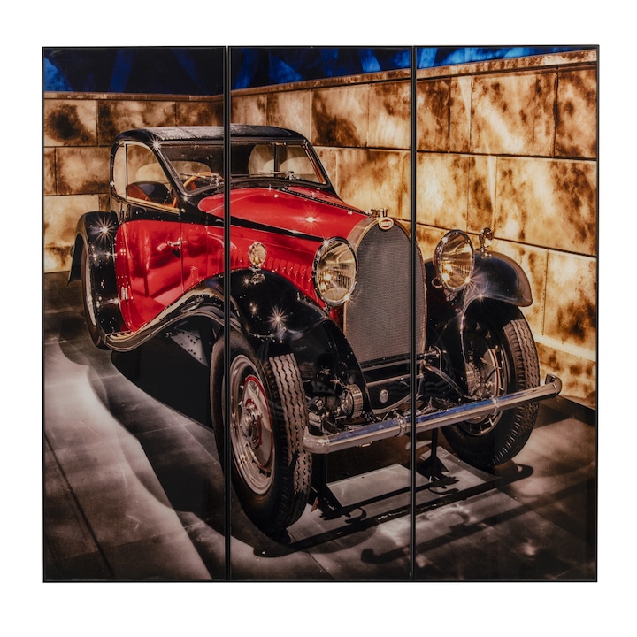 3 db-os festménykészlet Retro Bugatti autó, 89 x 93 cm, üvegre készült, digitális nyomtatás