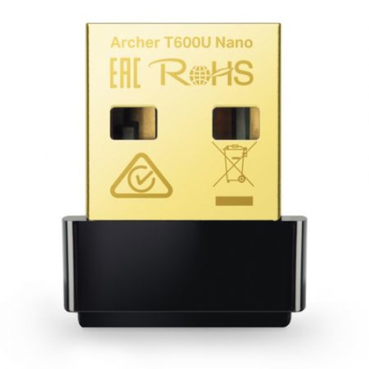 Vezeték nélküli hálózati adapter TP-Link Archer T600U, nagy Wi-Fi sebesség, akár 5 GHz és 2,4 GHz, AC600
