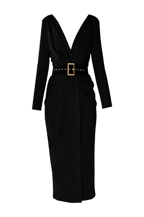 Alina Cernatescu, Rochie midi cu decolteu in V si curea Sting, Negru