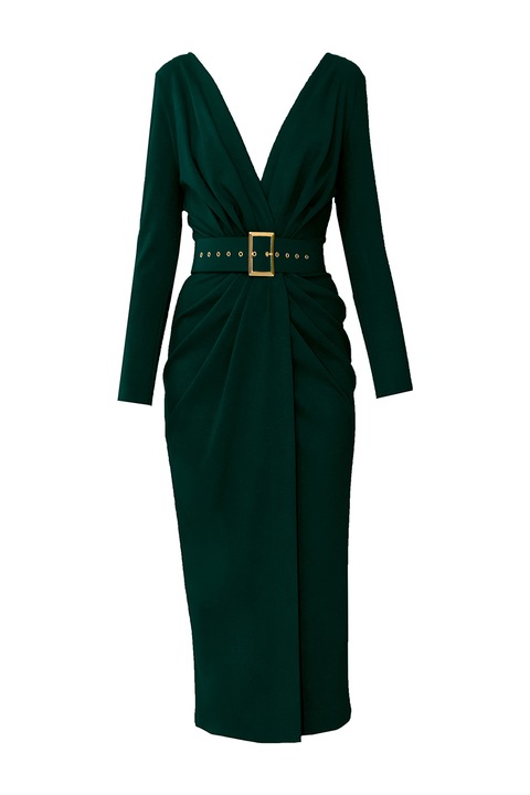 Alina Cernatescu, Rochie midi cu decolteu in V si curea Sting, Verde englez