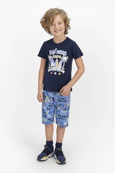 U.S. Polo Assn., Pijama cu pantaloni scurti si imprimeu logo, Albastru inchis/Bleu/Alb U.S. Polo Assn., Pijama cu pantaloni scurti si imprimeu logo, Albastru inchis/Bleu/Alb