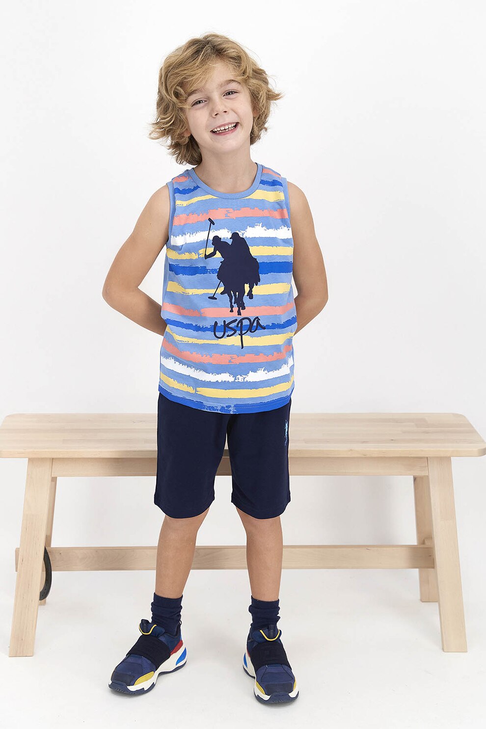 U.S. Polo Assn., Pijama din jerseu, fara maneci, Bleu, bleumarin, galben