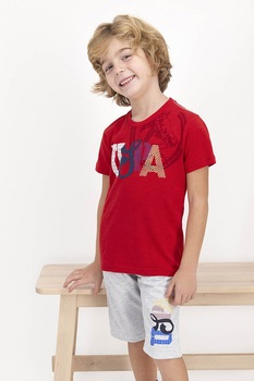U.S. Polo Assn., Pijama cu maneci scurte si imprimeu logo, Rosu, gri deschis melange, alb U.S. Polo Assn., Pijama cu maneci scurte si imprimeu logo, Rosu, gri deschis melange, alb