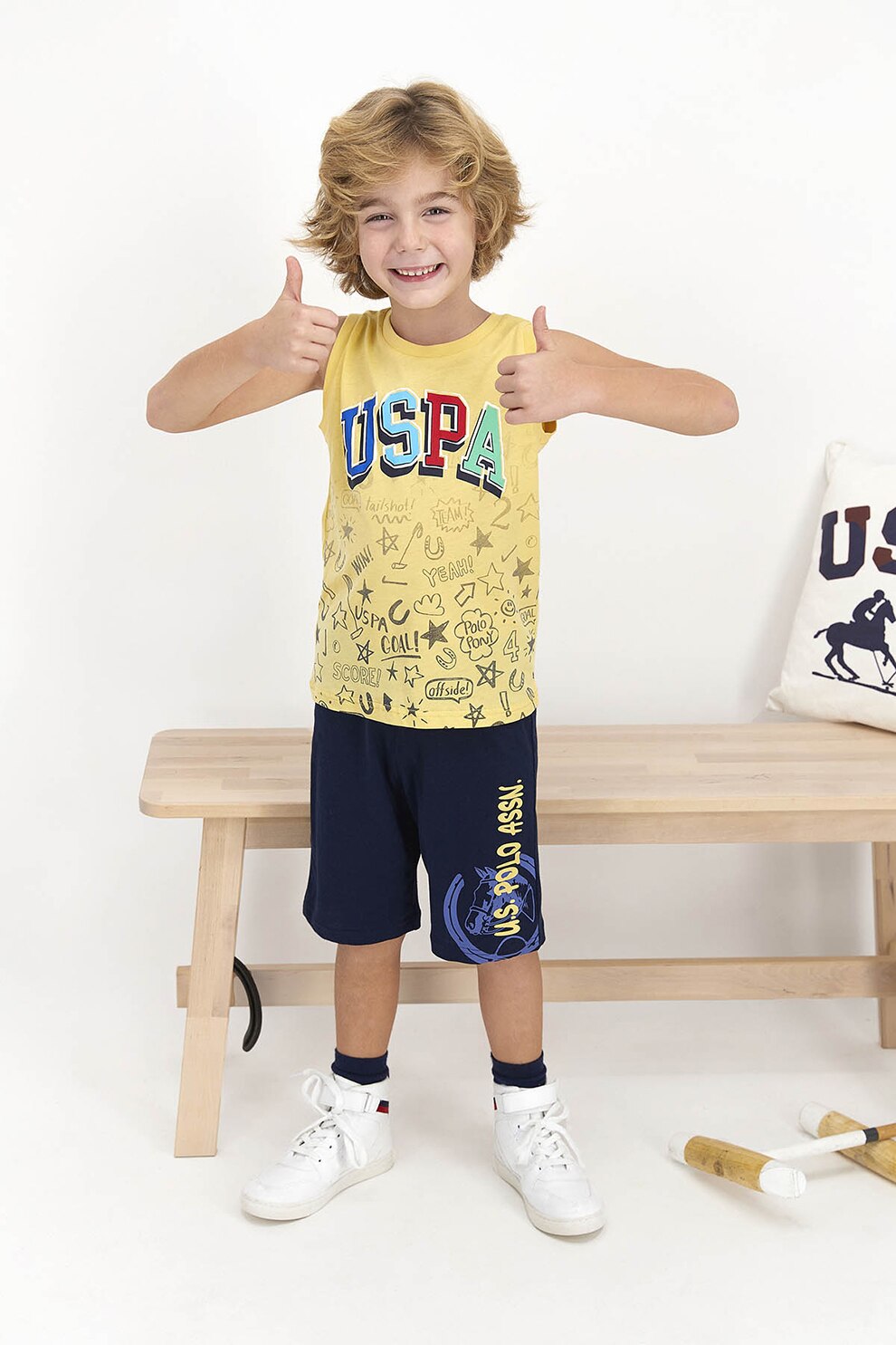 U.S. Polo Assn., Pijama din jerseu fara maneci, cu diverse imprimeuri, galben pai, bleumarin, turcoaz