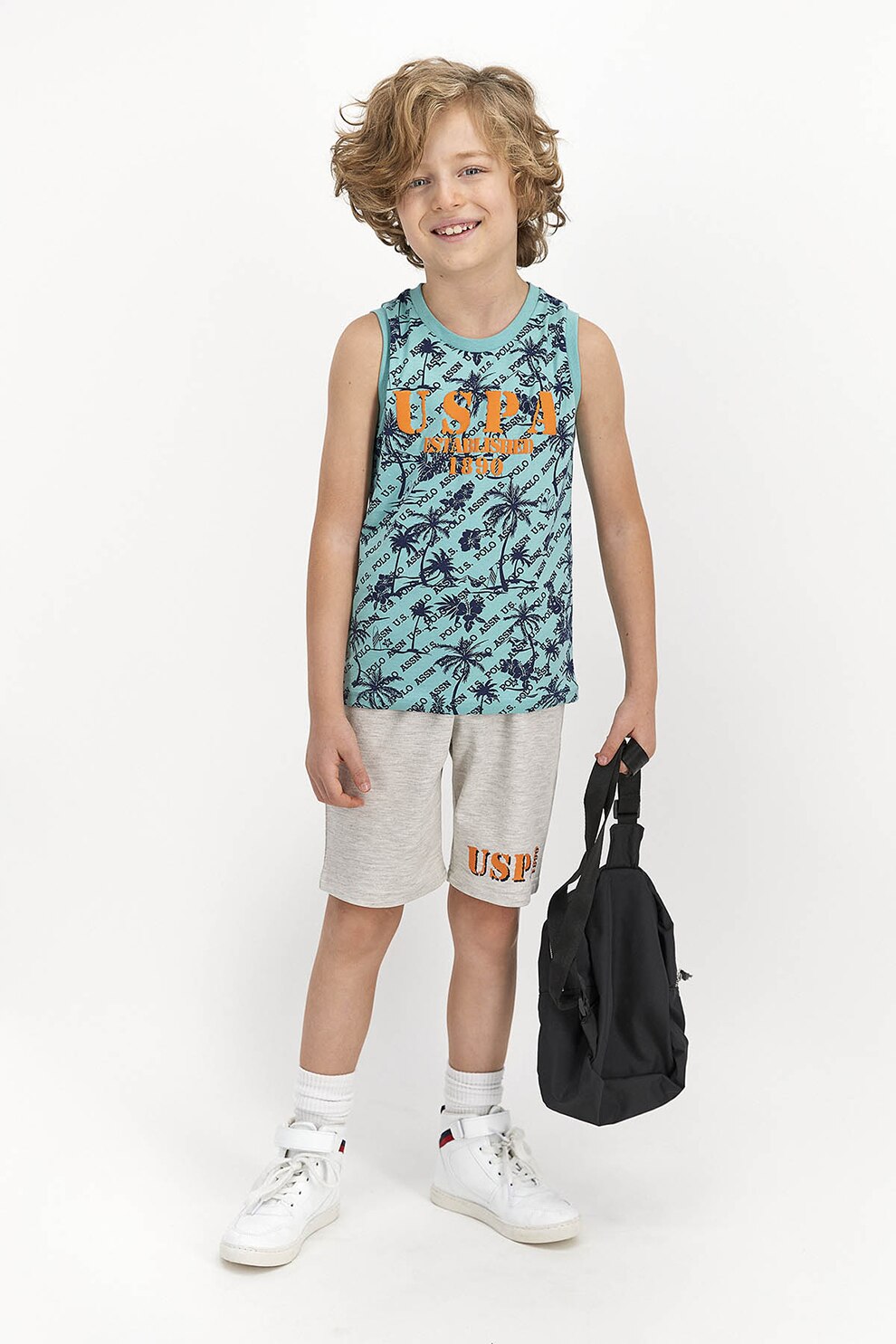 U.S. Polo Assn., Pijama cu imprimeu tropical si logo, verde menta, gri deschis melange, bleumarin, 134-140 CM