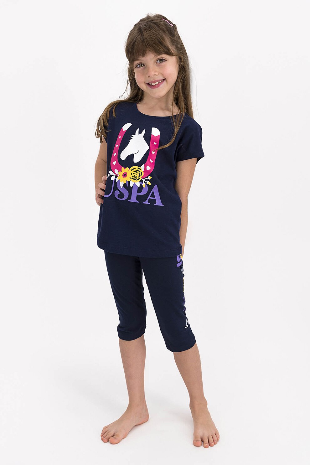 U.S. Polo Assn., Pijama cu imprimeu grafic si logo, bleumarin inchis, roz, ametist