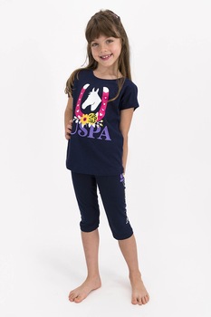 U.S. Polo Assn., Pijama cu imprimeu grafic si logo, bleumarin inchis, roz, ametist U.S. Polo Assn., Pijama cu imprimeu grafic si logo, bleumarin inchis, roz, ametist