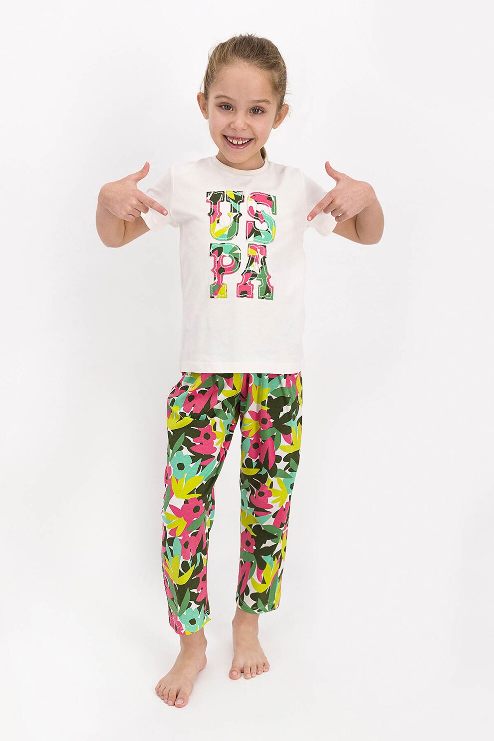 U.S. Polo Assn., Pijama cu imprimeu si logo, Crem/Verde/Galben