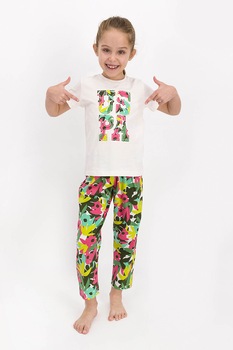 U.S. Polo Assn., Pijama cu imprimeu si logo, Crem/Verde/Galben U.S. Polo Assn., Pijama cu imprimeu si logo, Crem/Verde/Galben