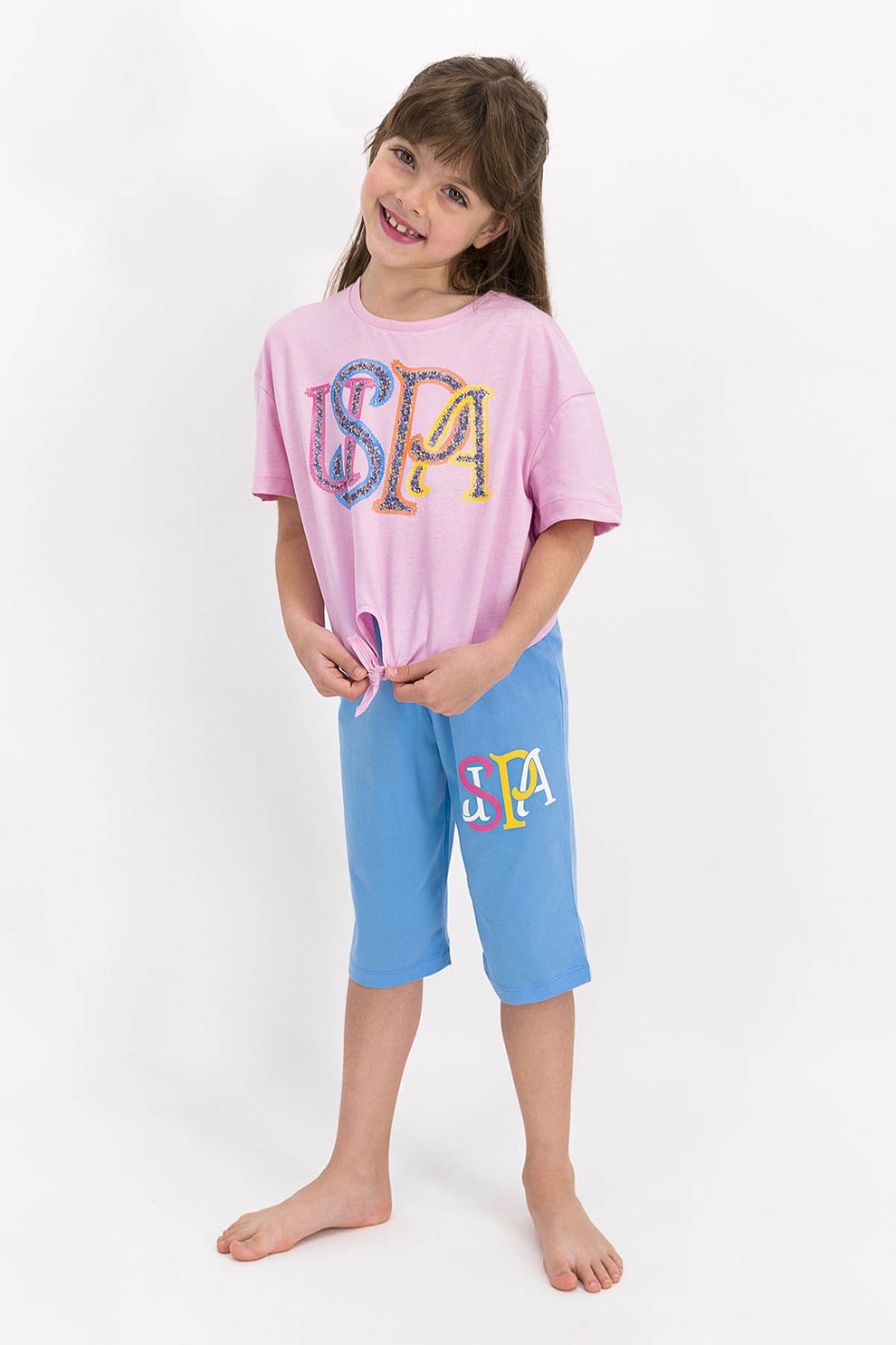 U.S. Polo Assn., Pijama cu logo, roz, bleu, galben