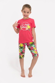 U.S. Polo Assn., Pijama de bumbac cu imprimeu, corai, verde, galben U.S. Polo Assn., Pijama de bumbac cu imprimeu, corai, verde, galben