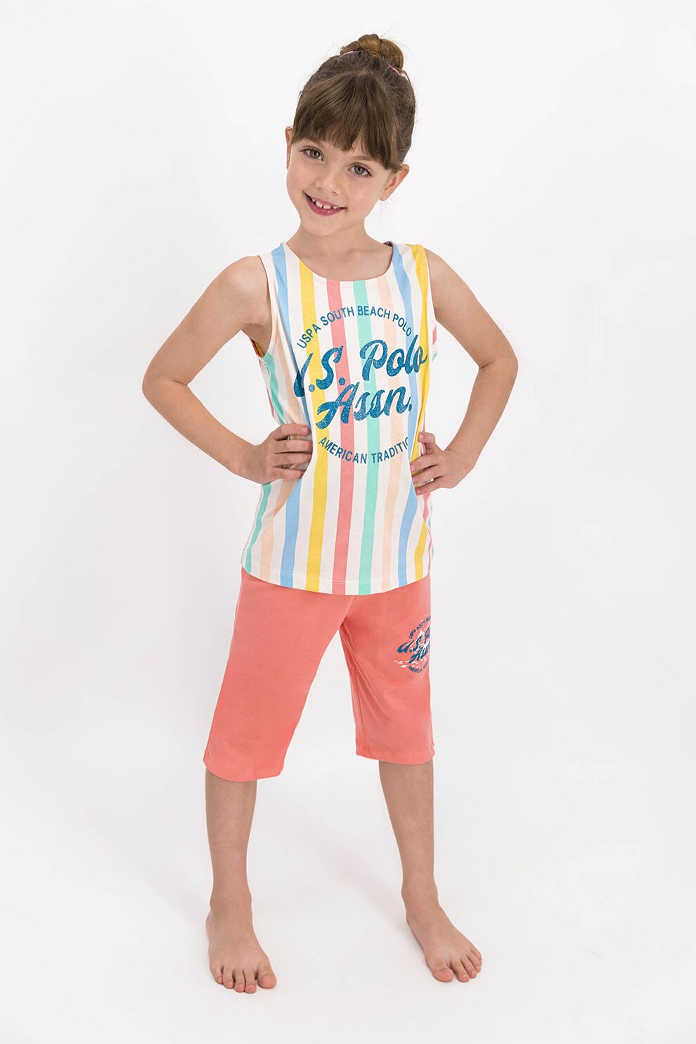 U.S. Polo Assn., Pijama cu dungi si imprimeu logo, Alb/Oranj/Albastru