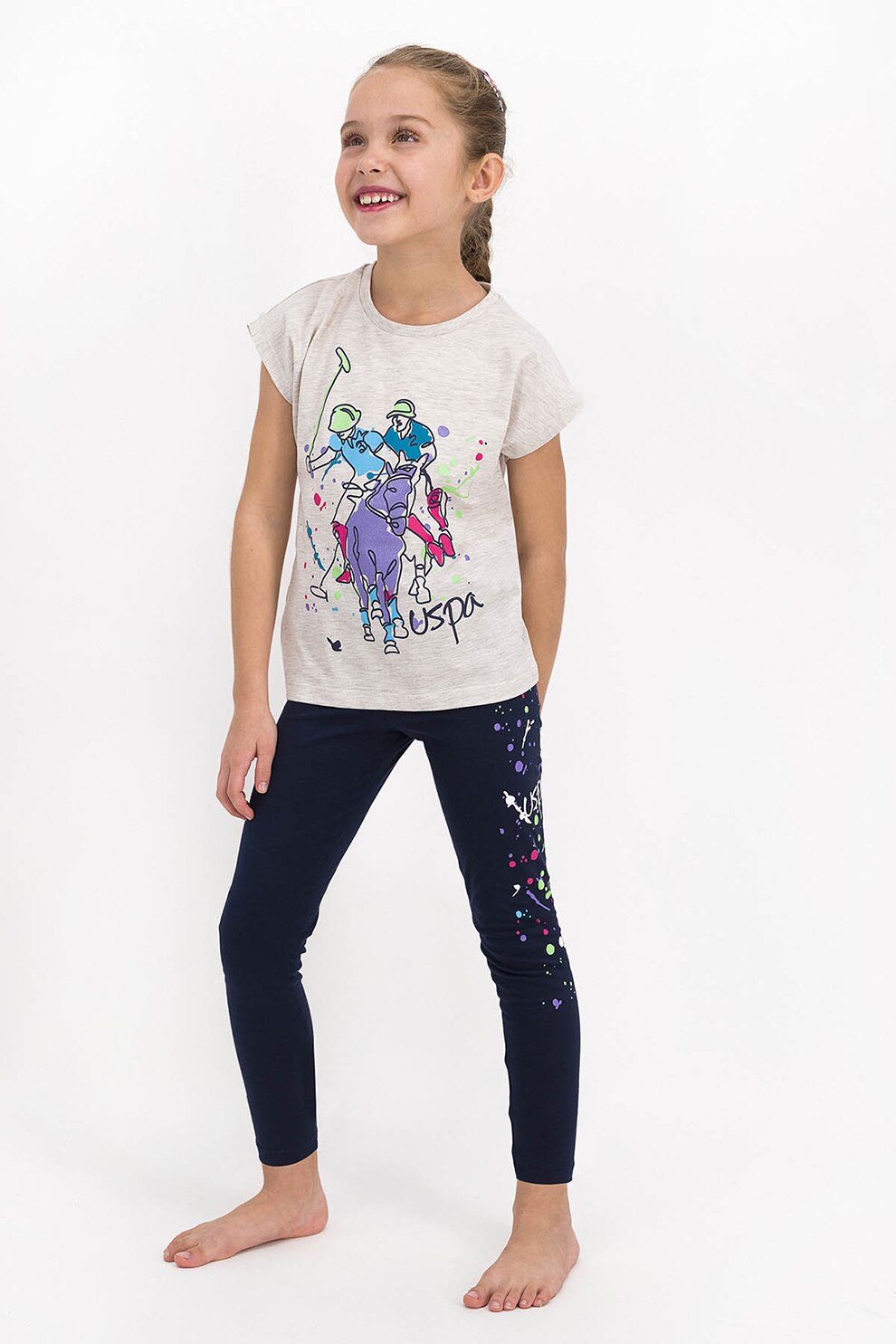 U.S. Polo Assn., Pijama cu imprimeu si maneci scurte, gri deschis melange, bleumarin inchis, ametist