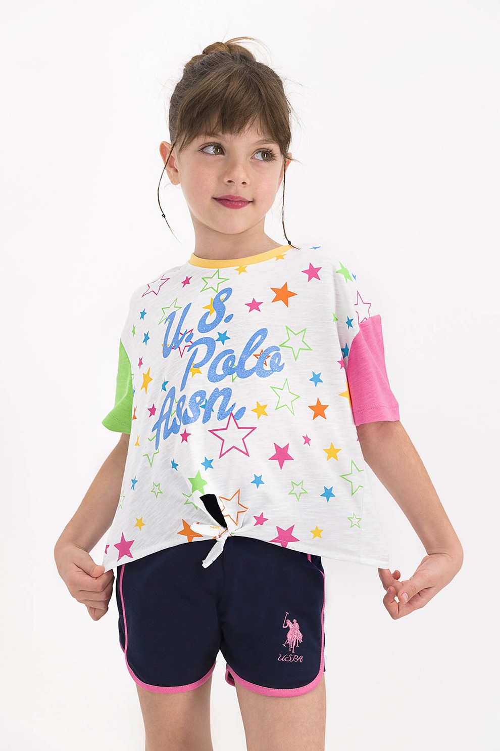 U.S. Polo Assn., Pijama cu imprimeu si detaliu innodat, Alb/Bleumarin inchis/Roz