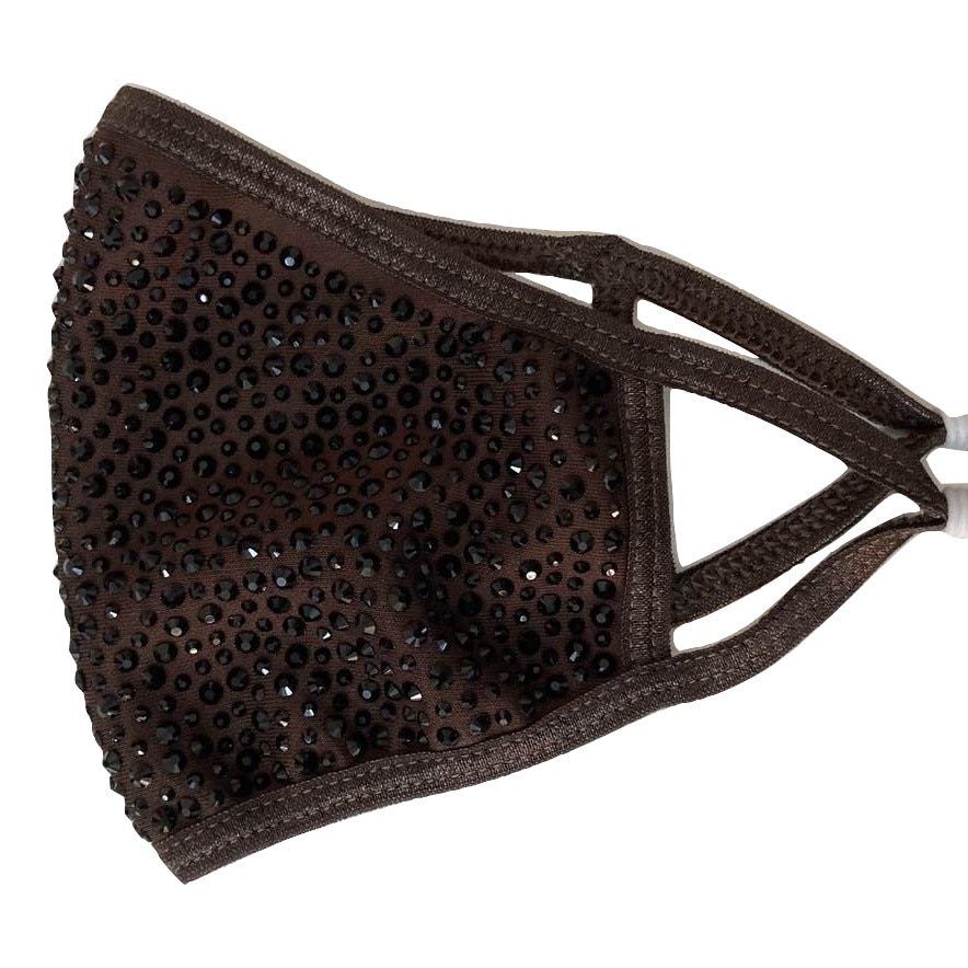 Masca de protectie fata din Bumbac cu strasuri negre, 2 straturi, Maro, Fashion, Reutilizabila, Cu filtru de carbon inclus
