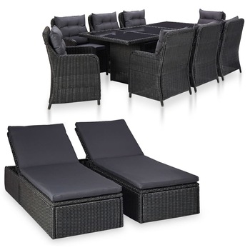 Set mobila de exterior cu perne din 11 piese, vidaXL, Poliratan, 200 x 100 x 74 cm, Negru Set mobila de exterior cu perne din 11 piese, vidaXL, Poliratan, 200 x 100 x 74 cm, Negru