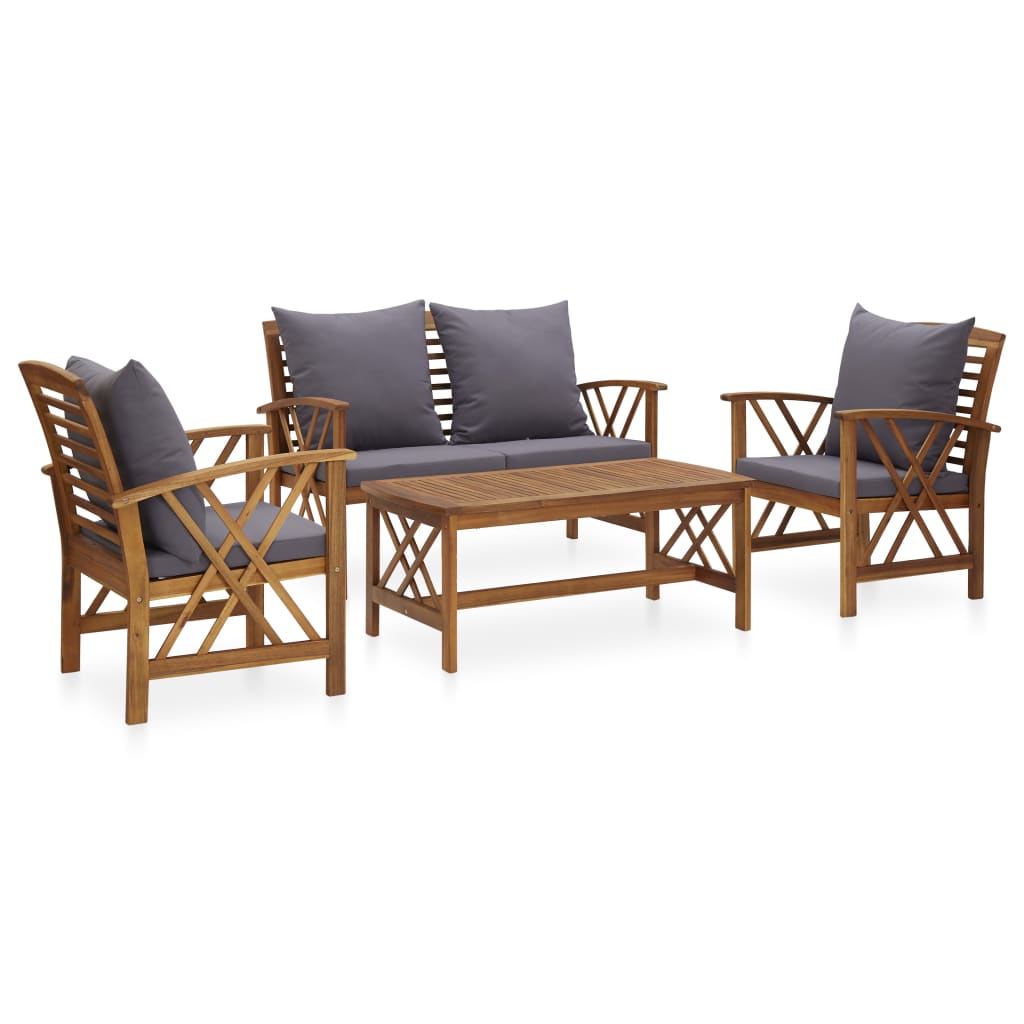 Set mobilier de exterior cu 3 fotolii si 1 masa, cu perne gri vidaXL, Lemn, 43 x 102 x 50 cm, Maro