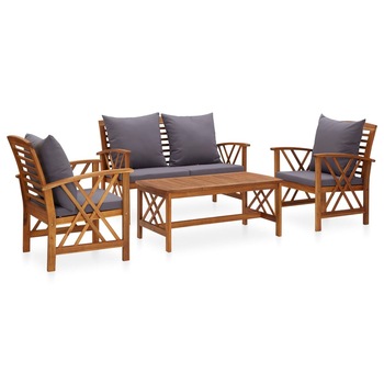 Set mobilier de exterior cu 3 fotolii si 1 masa, cu perne gri vidaXL, Lemn, 43 x 102 x 50 cm, Maro Set mobilier de exterior cu 3 fotolii si 1 masa, cu perne gri vidaXL, Lemn, 43 x 102 x 50 cm, Maro