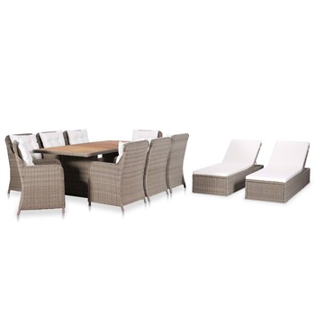 Set mobila de exterior cu perne din 11 piese, vidaXL, Poliratan, 200 x 100 x 74 cm, Maro/Alb Set mobila de exterior cu perne din 11 piese, vidaXL, Poliratan, 200 x 100 x 74 cm, Maro/Alb